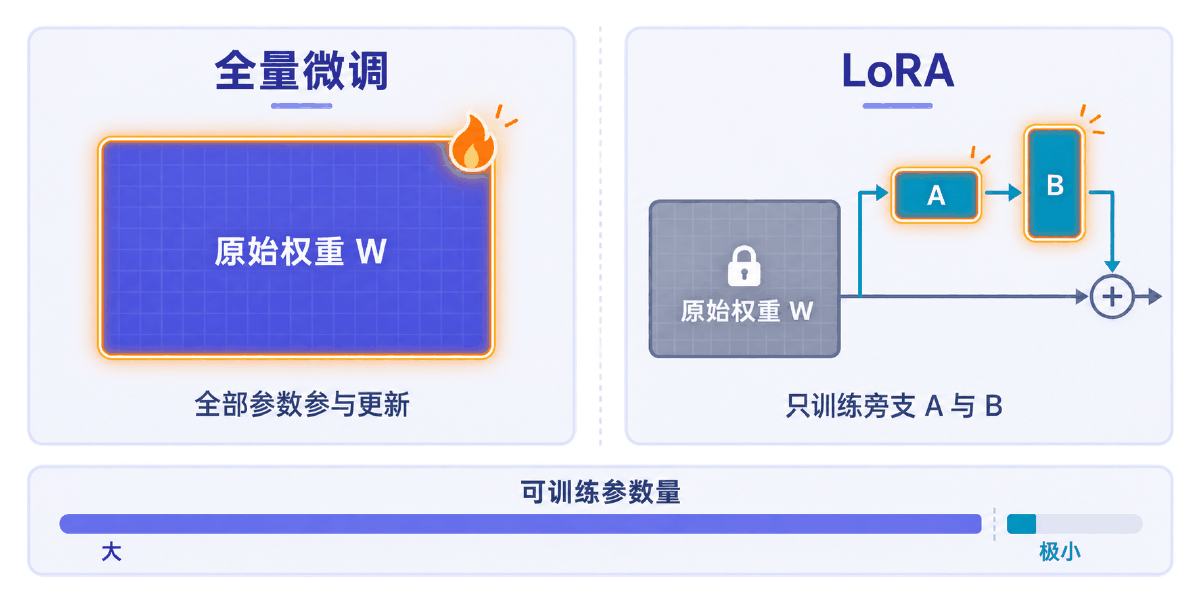 图② 全量微调改主干，LoRA 只训旁支
