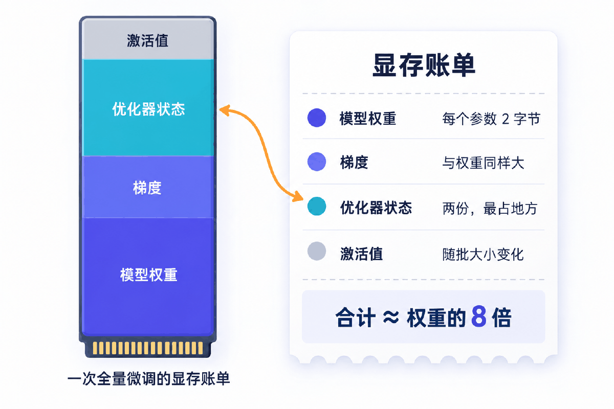 图③ 一次全量微调的显存账单拆成四项