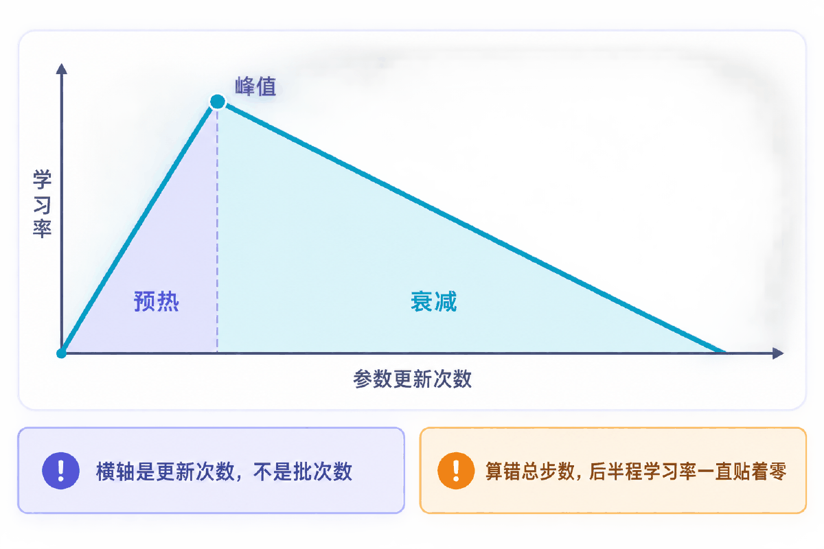 图③ 预热与衰减：横轴是参数更新次数