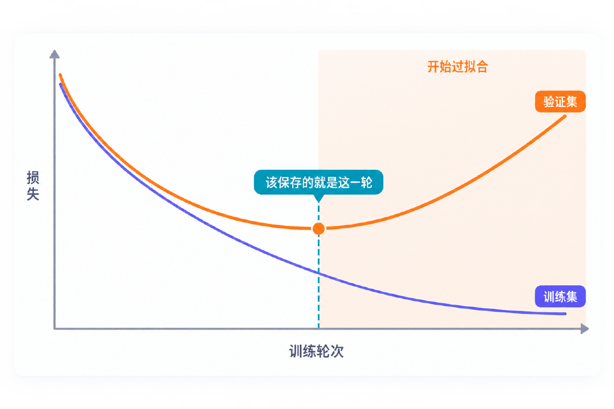 图④ 训练与验证损失分叉的那一轮就是该保存的一轮