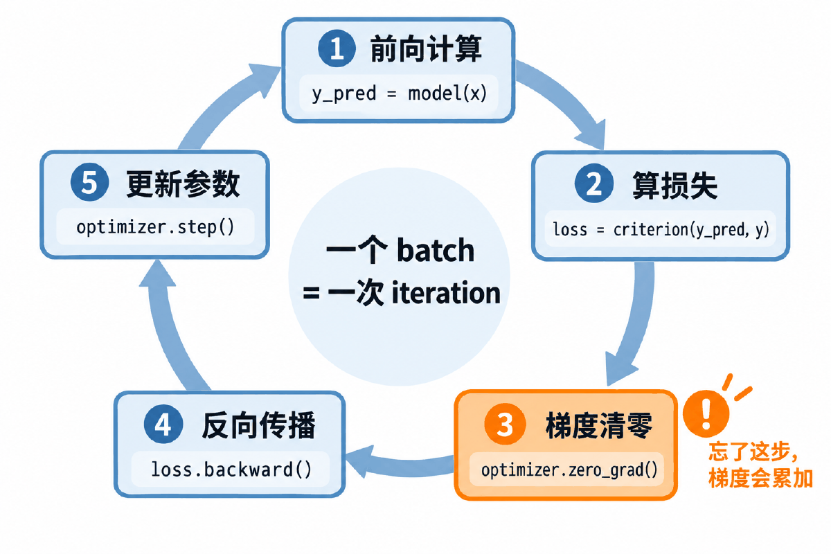 图③ 训练循环五步：前向 → 算损失 → 清零 → 反向 → 更新