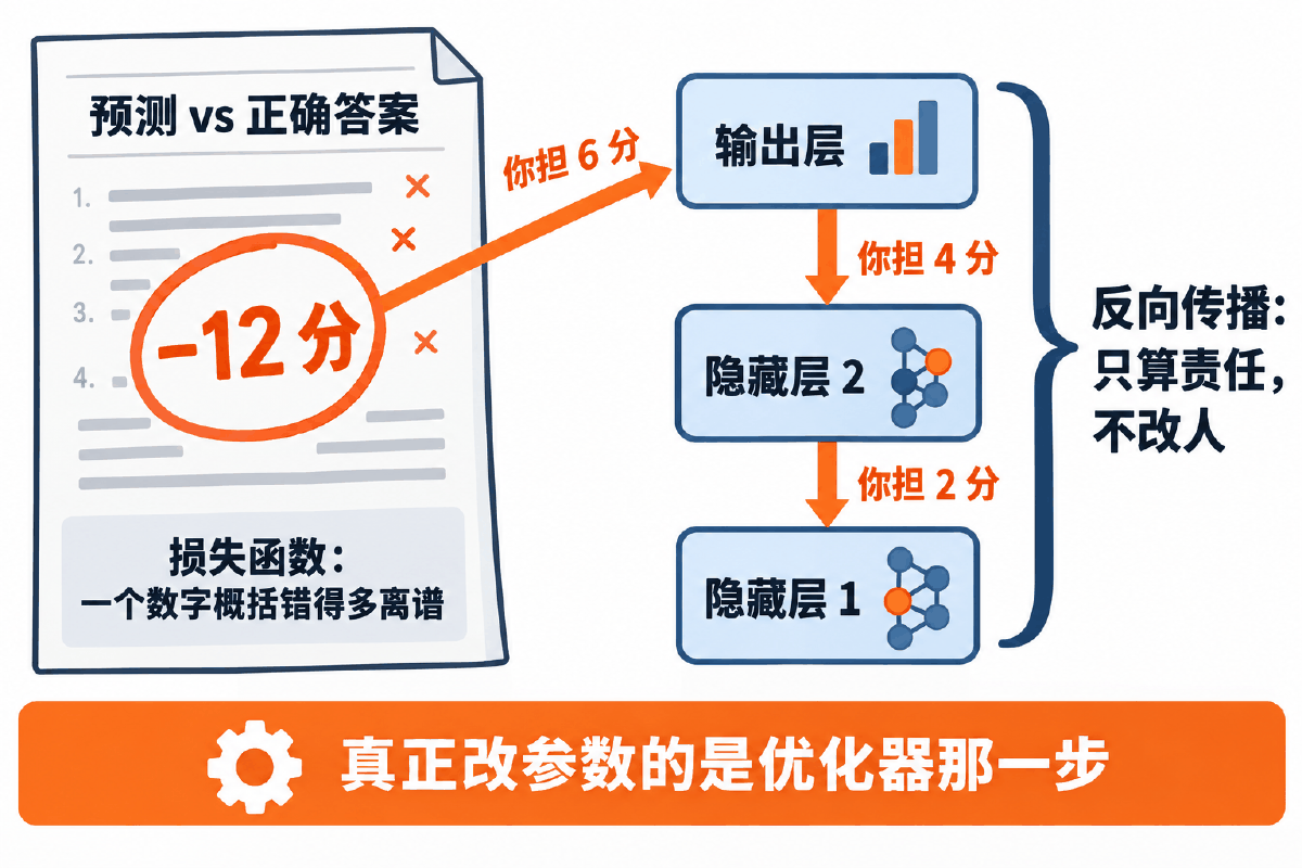 图① 30 秒看懂:损失函数是那张卷子的总扣分,反向传播只摊责任不改人