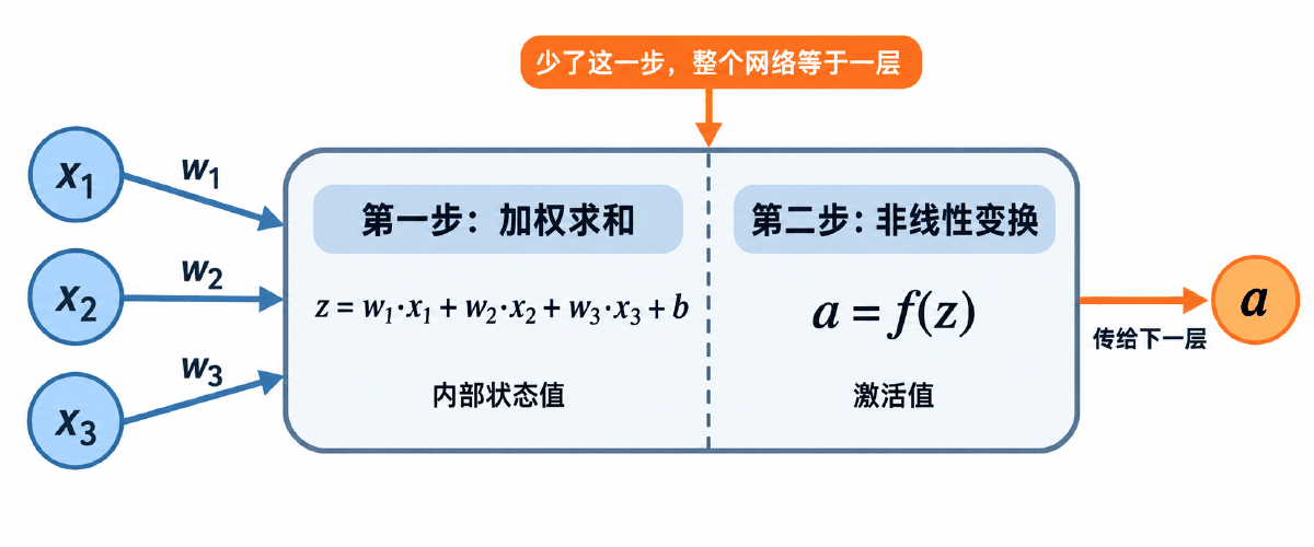 图② 一个神经元的两步：先加权求和得到 z，再非线性变换得到 a