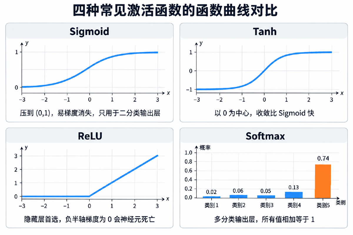 图③ 四个常见激活函数的曲线、适用位置与各自的毛病
