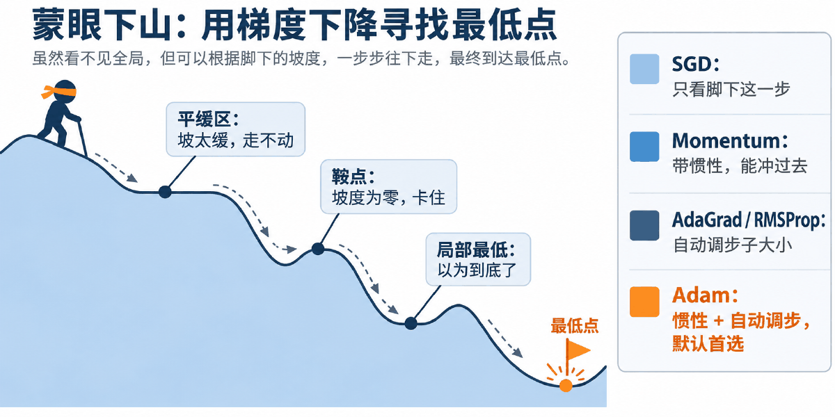 图① 30 秒看懂：蒙眼下山，四种优化器就是四种走法
