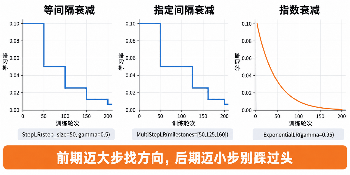 图② 三种学习率衰减：前期迈大步找方向，后期迈小步别踩过头