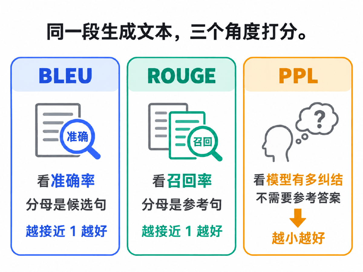 图④ BLEU、ROUGE、PPL 三把尺子量的是什么