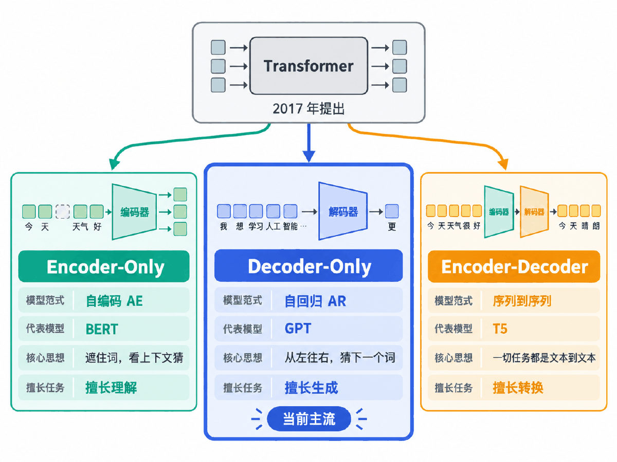 图② 同一个 Transformer 拆出的三大架构