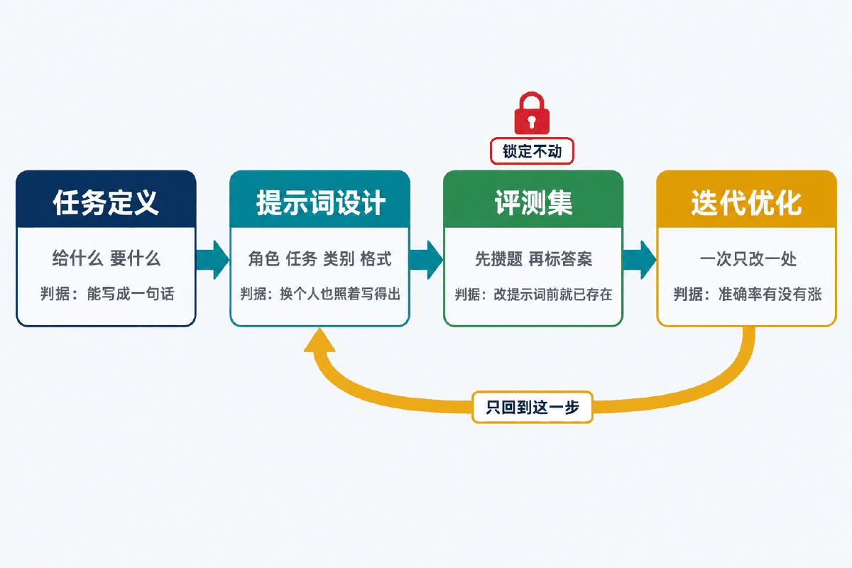 图② 四步链路:任务定义 → 提示词设计 → 评测集 → 迭代优化