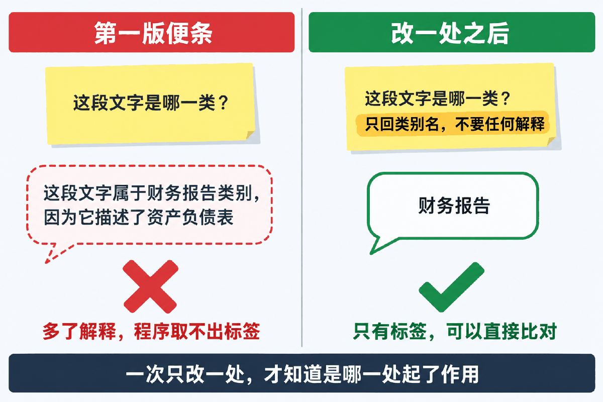 图④ 一次只改一处:加一句格式约束,输出从没法解析变成能直接比对