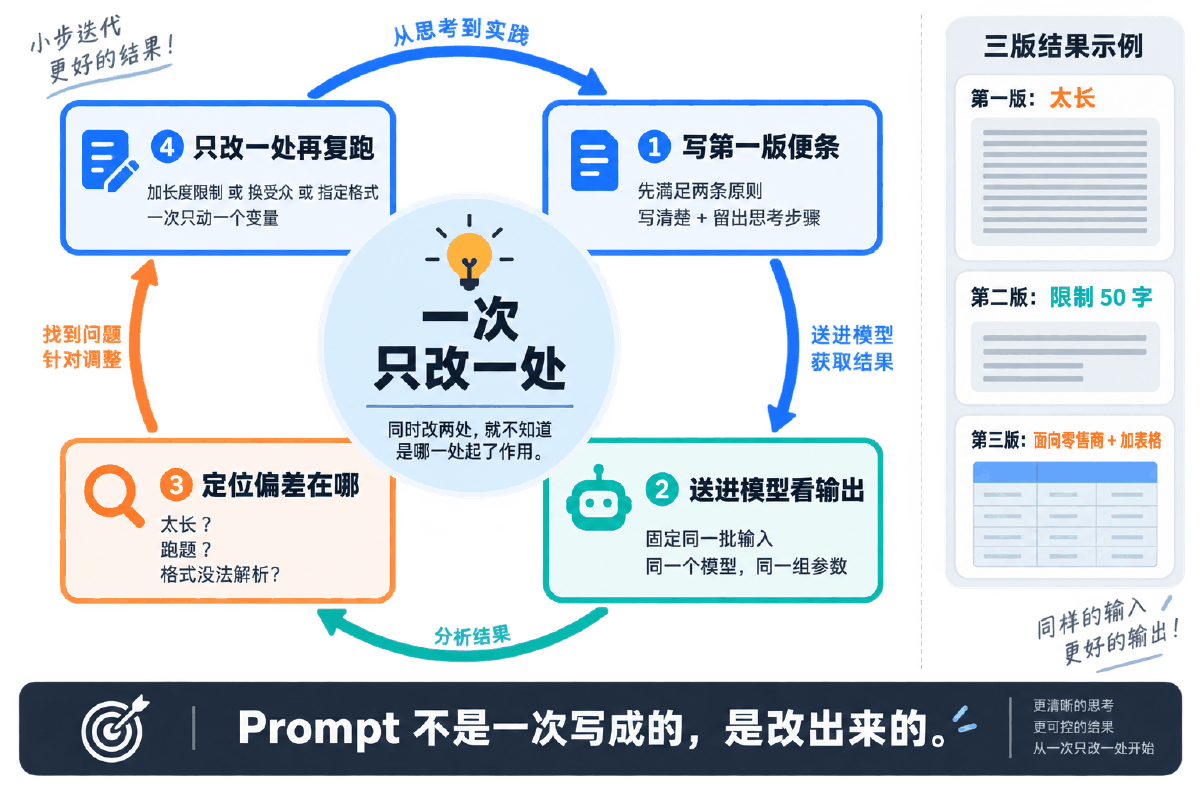 图③ 迭代优化闭环：写一版、看输出、定位偏差、只改一处