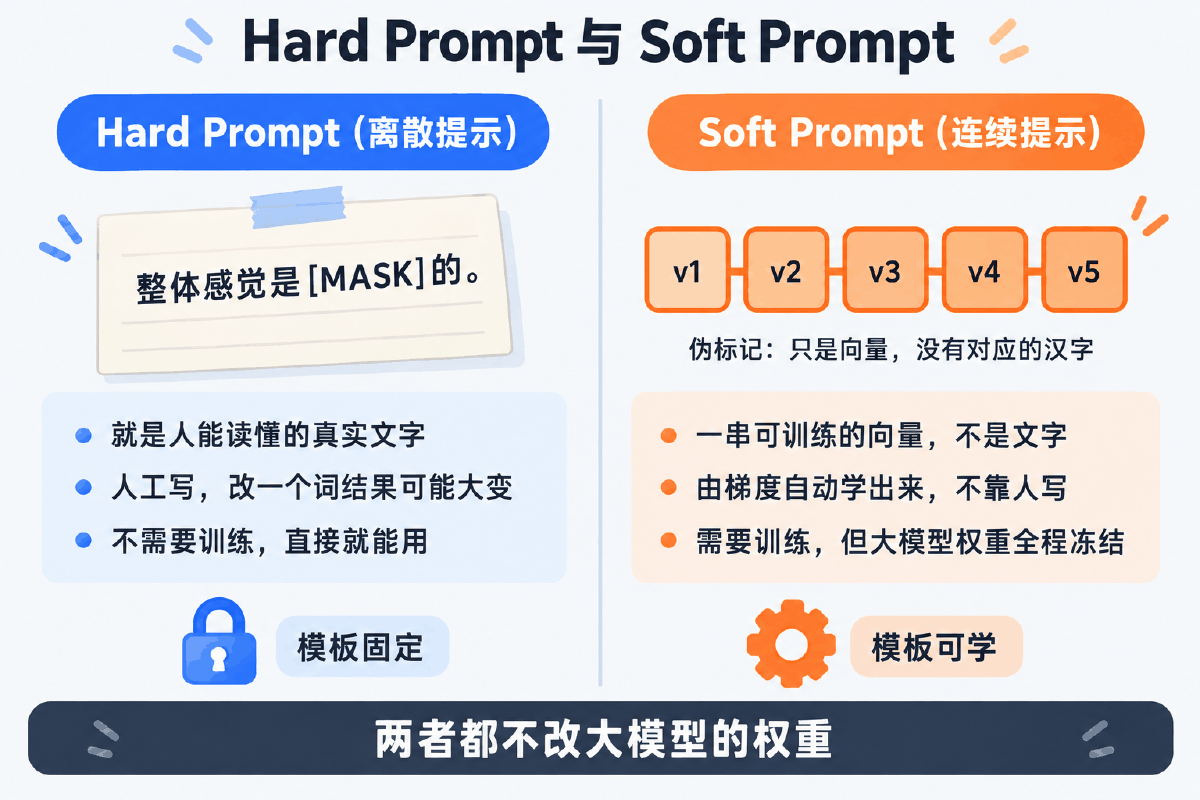 图④ Hard Prompt 与 Soft Prompt：两者都不改大模型的权重