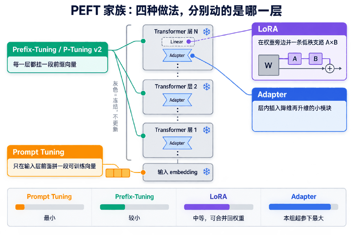 图④ PEFT 家族:四种做法,分别动的是哪一层