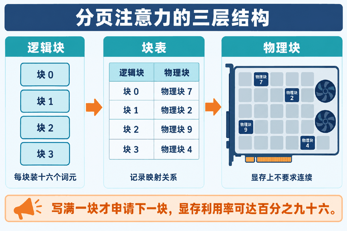 图④ PagedAttention：逻辑 KV blocks、块表与物理 KV blocks