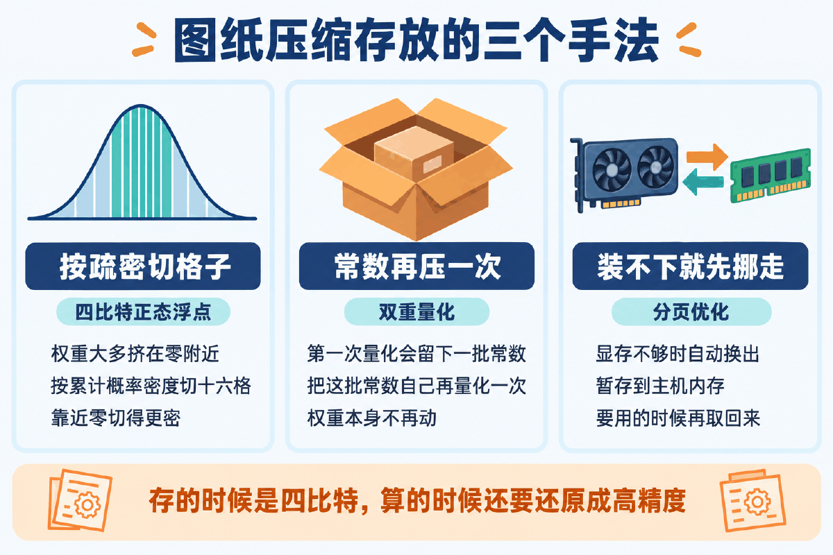 图③ 4-bit 量化的三个手法:NF4、双重量化、分页优化