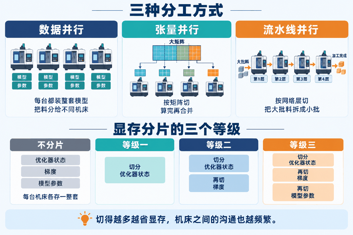 图④ 并行策略与 ZeRO 的三级显存分片