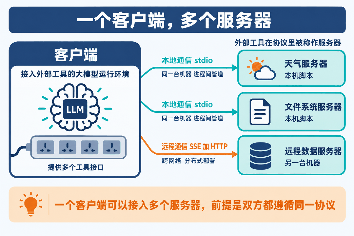 图② MCP 的客户端—服务器架构与两种通信机制