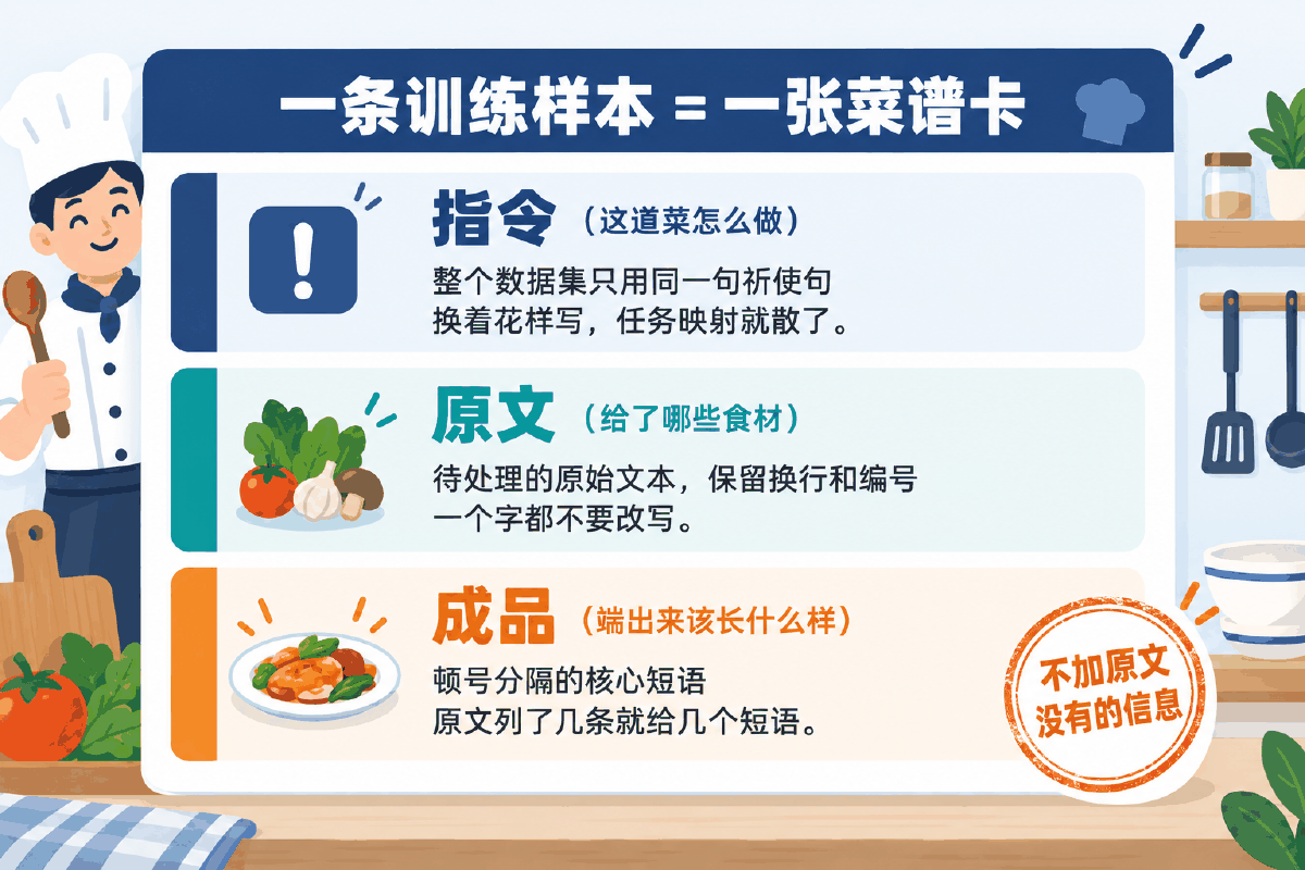 图③ 一条训练样本的三栏结构:指令 / 原文 / 成品