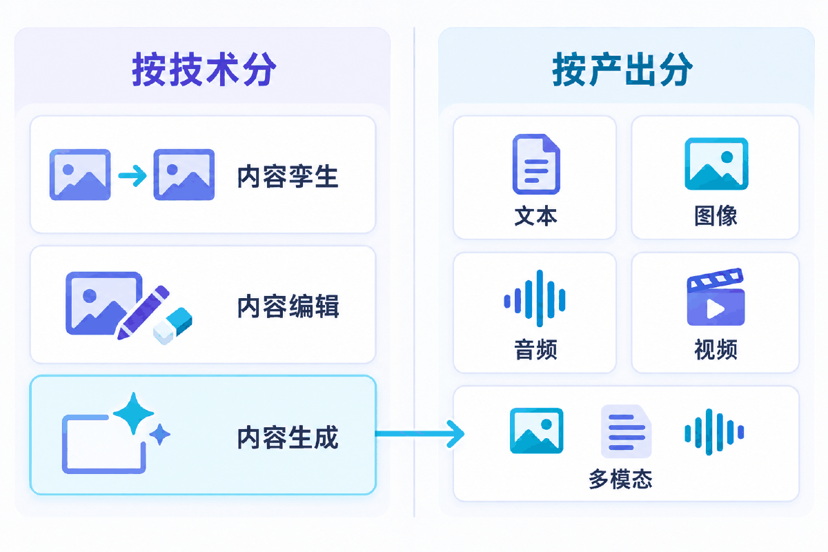 图② AIGC 的两种分法：按技术分与按产出分