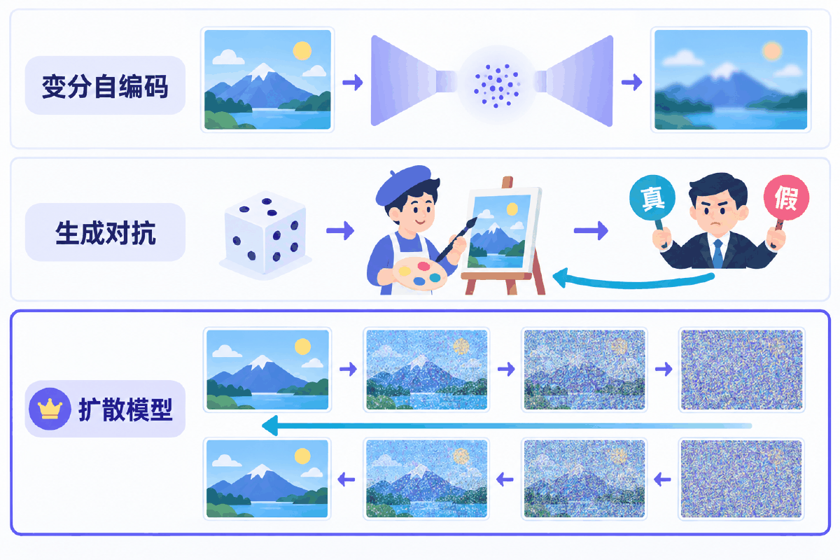 图③ 三条生成路线：变分自编码、生成对抗、扩散模型