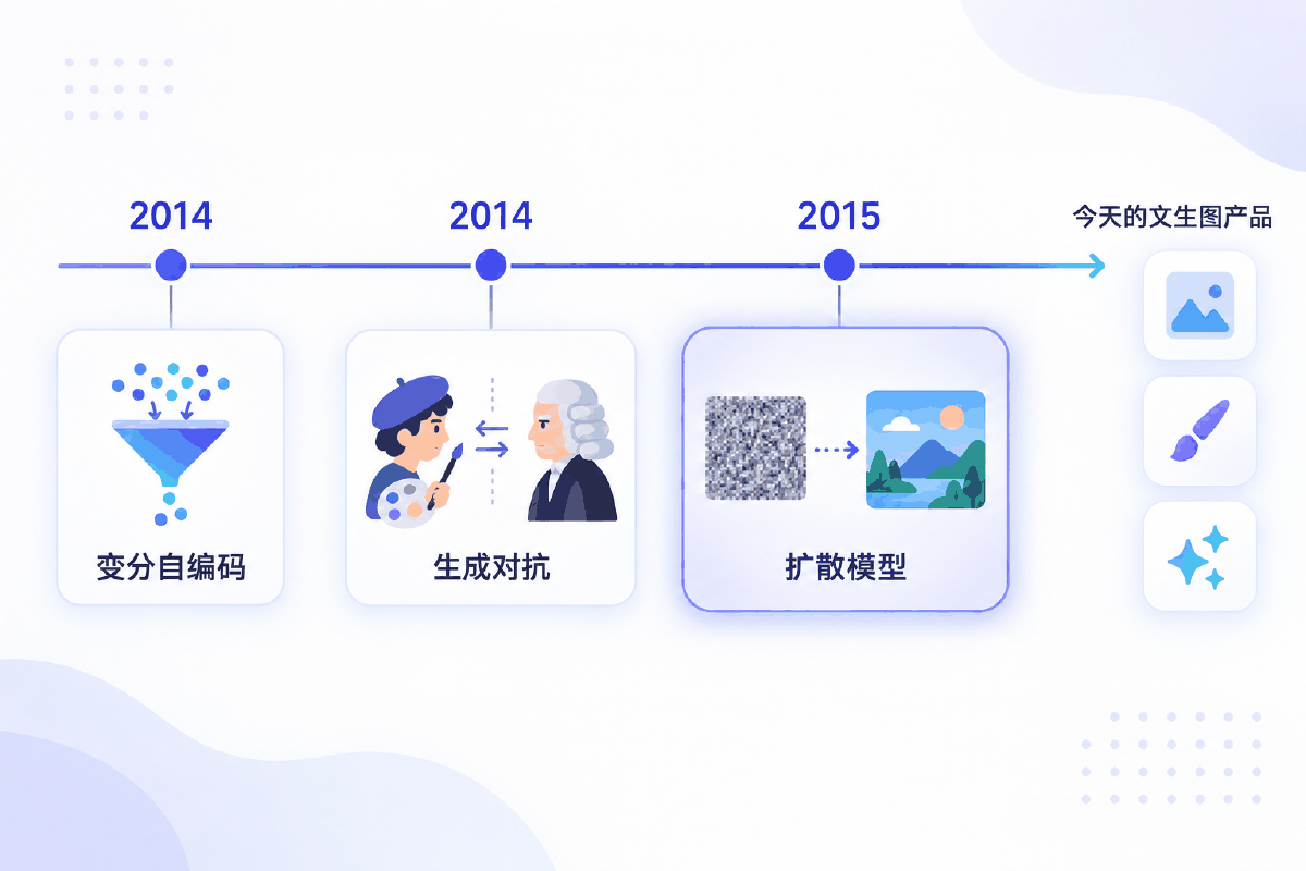 图④ 生成模型谱系：从 2014 到今天的文生图产品