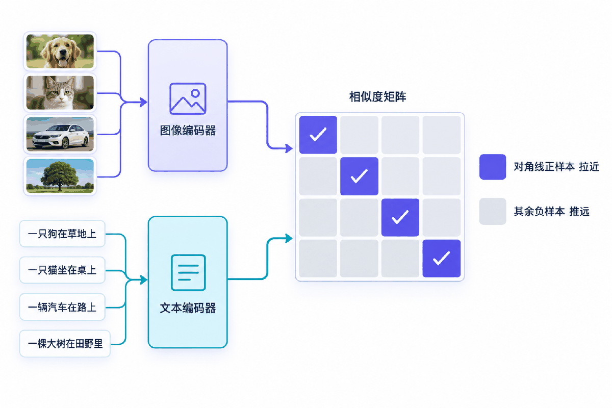 图② 双塔结构与一个 batch 的 N×N 相似度矩阵