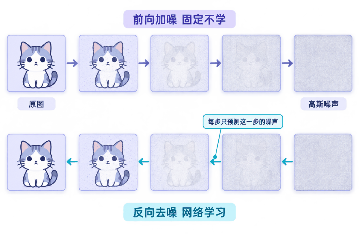 图③ 前向加噪与反向去噪：方向相反的两条链