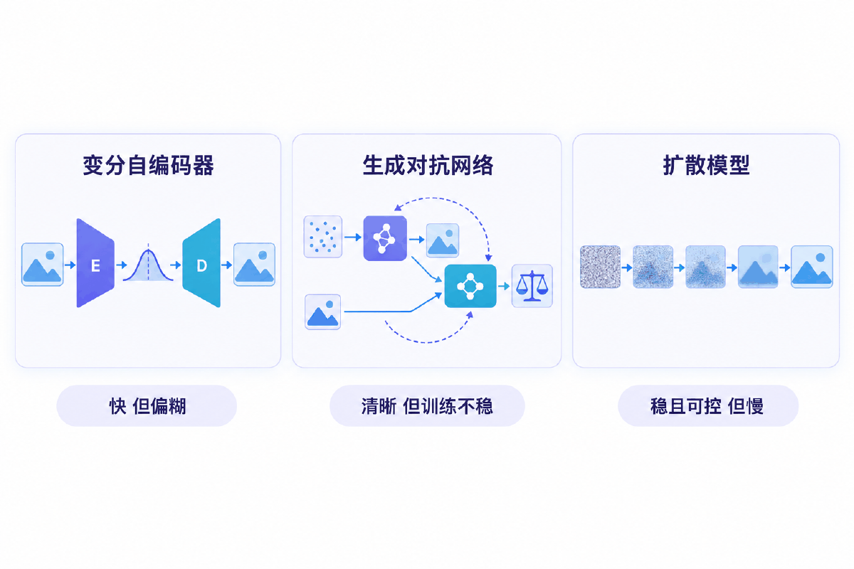 图④ VAE / GAN / Diffusion 三条生成路线的结构与取舍