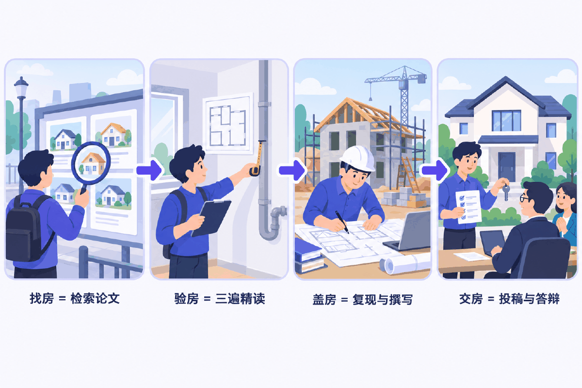 图① 30 秒看懂:找房 → 验房 → 盖房 → 交房