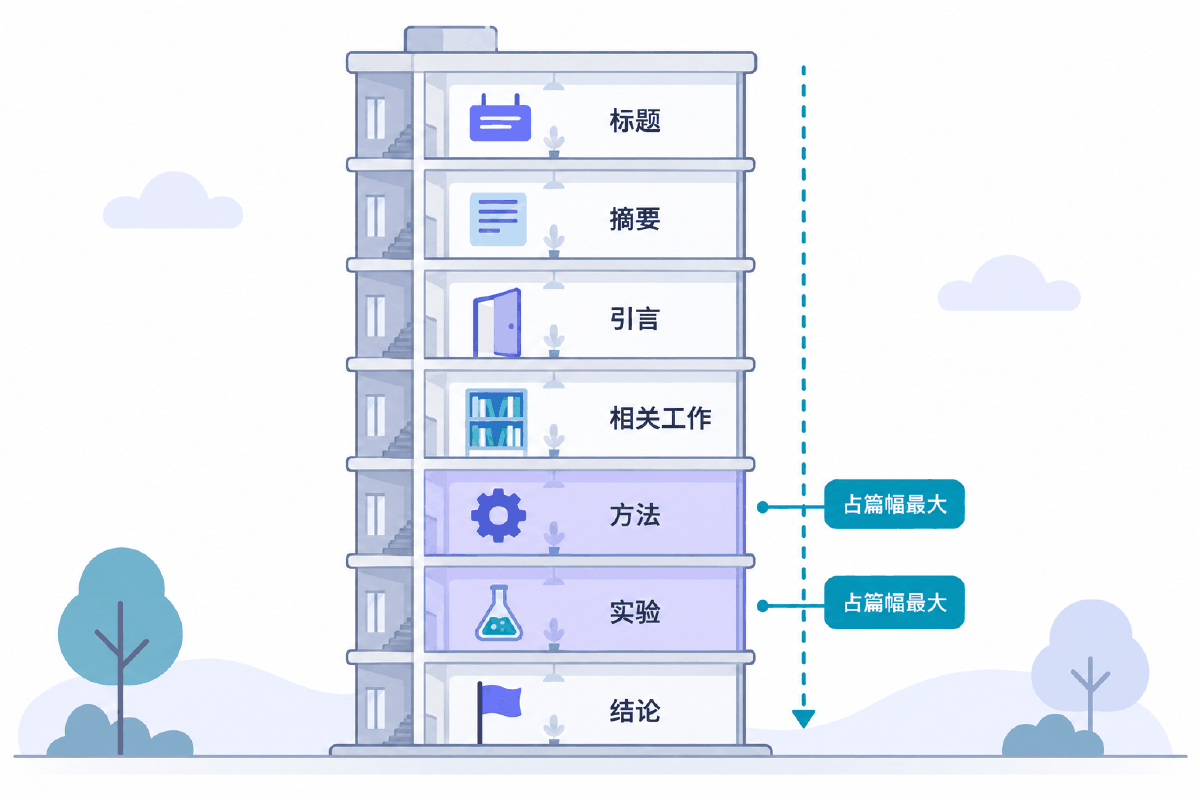 图④ 论文七章结构,方法与实验占篇幅最大