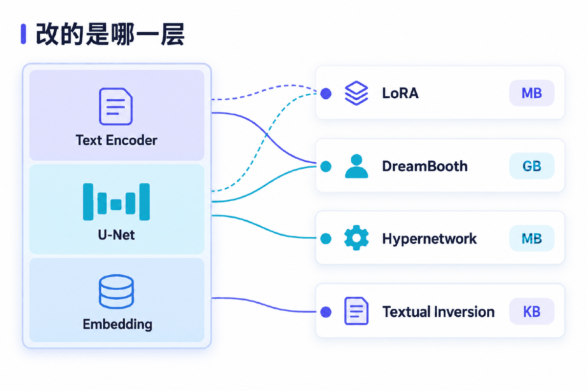 图② 四种训练方法各自改的是模型的哪一层