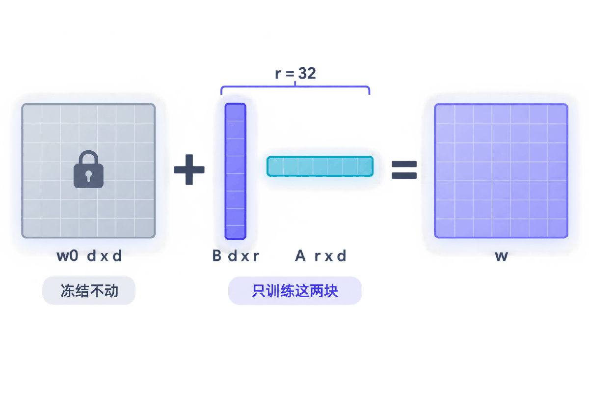 图③ LoRA 的低秩分解 w = w0 + BA