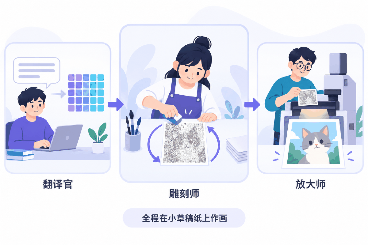 图① 30 秒看懂：翻译官、雕刻师、放大师三人接力