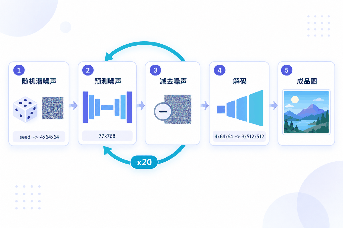 图③ 文生图五步流程与各步的张量维度